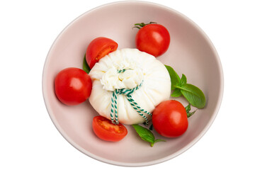 Burrata cheese with cherry tomatoes and basil – PNG, top view, isolated on transparent background