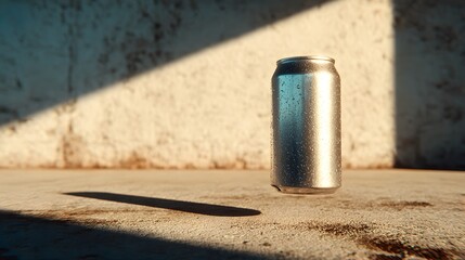 A silver soda can sits in the sunlight, covered in condensation, casting a shadow on the ground outside.