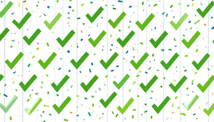 Vibrant checklist panel features symphony of green check icons, celebrating success with colorful confetti scattered throughout, creating joyful atmosphere