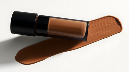 Sleek foundation pump bottle with detachable cap lies on smooth surface, accompanied by rich brown makeup smear, showcasing its creamy texture and elegant design