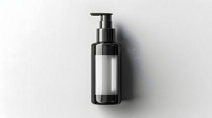 Black pump bottle with blank label on white background, ideal for cosmetic or skincare product mockup. sleek design and minimalist style make it perfect for branding presentations