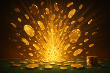 Spectacular jackpot moment with golden casino chips and coins erupting in brilliant light burst celebration