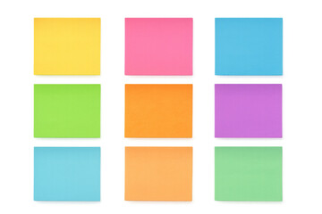 Fototapeta premium Nine vibrant sticky notes arranged on a transparent background, providing an ideal canvas for messages and reminders in any setting