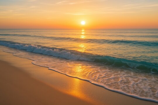 Serene summer beach with calm waters and golden sunrise reflection - Powered by Adobe