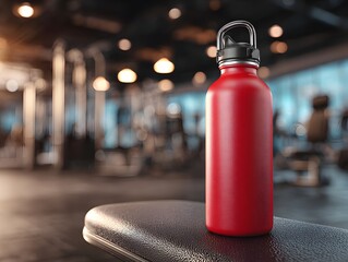 A vibrant red reusable water bottle rests on a bench inside a modern gym environment ready for hydration.