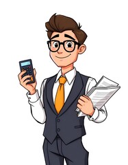 A Cartoon Businessman Holding Calculator and Documents,  Professional Business Illustration,  Financial Expert Character Design
