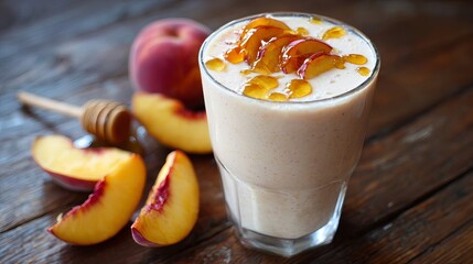 Delicious Peach Smoothie Recipe Honey Garnish Summer Drink Refreshing Beverage Healthy Breakfast Peach Slices Wooden Background Sweet Creamy Tasty Food Photography eat diet fruit  