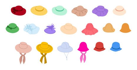 Set of Picture Hats with band. Summer Head Fashion accessory cap clothing technical illustration. Vector headgear for Men, women, unisex style, flat template CAD mockup sketch outline isolated