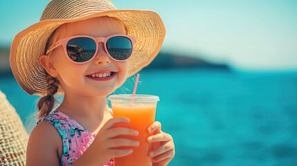 A young girl is holding a cup of orange juice and wearing a straw hat
