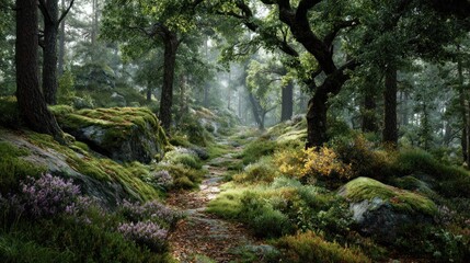 Obraz premium Enchanting forest path winding through lush greenery and sunlit woodland terrain