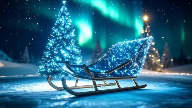 Enchanting Christmas Night: Sleigh Ride Under the Northern Lights with Holiday Trees