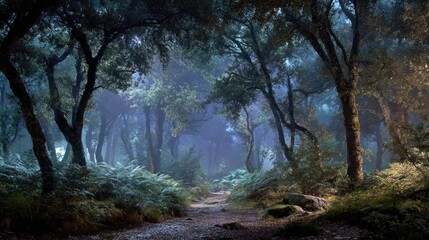 Obraz premium Enchanting forest path amidst the mystical light and fog of a serene woodland