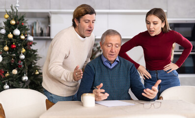 Family members giving advice to old man and discussing inheritance