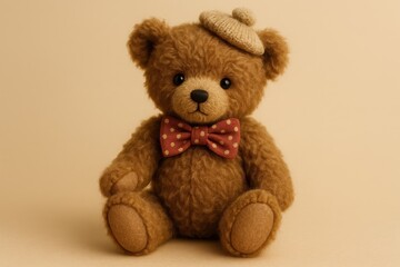Adorable plush teddy bear with button eyes and satin ribbon bow sitting upright on clean white surface