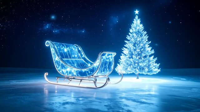 Enchanting Holiday Night Scene: Glowing Sleigh and Decorated Christmas Tree