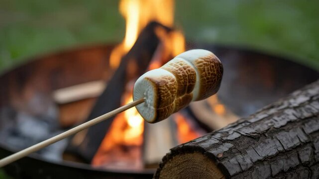 Roasting marshmallows on stick over campfire with logs in background outdoors