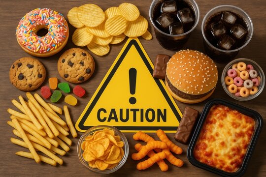 Assortment of colorful processed junk foods creating unhealthy dietary warning display