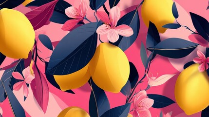 Vibrant Citrus and Floral Seamless Pattern with Lemons and Blooms
