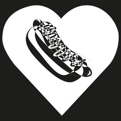 Heart hotdog icon. Food love symbol. Vector snack design. Black background shape.