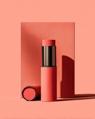 Vibrant Coral Lip Balm Tube Mockup on Pastel Background