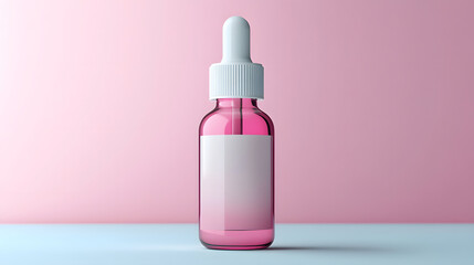 Pink dropper bottle with white label and cap is set against soft pink and blue background, creating minimalist and modern aesthetic