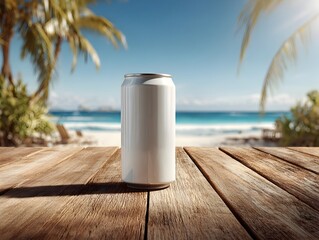 Obraz premium A blank white aluminum can sits on a rustic wooden table with a tropical beach scene in the background.