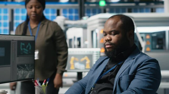 African american master engineers examining photovoltaics activity in solar power factory, reviewing data and checklists for the manufacturing process. Eco friendly renewable energy. Camera A.