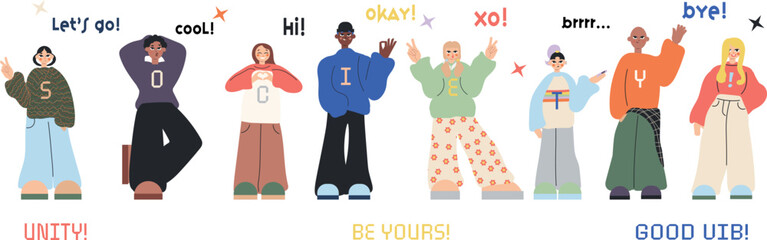 Diverse illustrated characters forming the word “SOCIETY!” with letters on their sweaters. Colorful, modern, inclusive design. Perfect for youth, community, and social awareness themes.