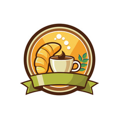 Modern café logo design featuring coffee cup and croissant in minimalist style. Perfect for coffee shops, bakeries, restaurants, and breakfast branding. Vector template included.