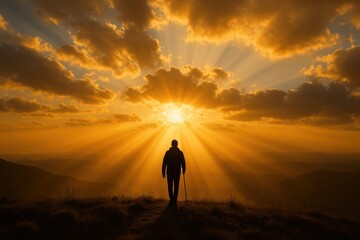 Fototapeta premium Lone silhouette walking towards dramatic sunset with ethereal sky and divine light rays