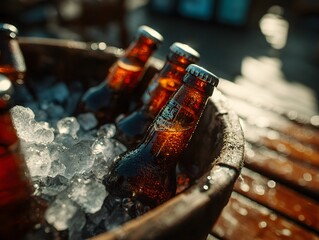 Cold beer bottles chilling in ice inside rustic wooden bucket are ready to be served on a sunny day.