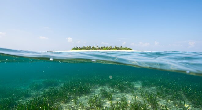 A vibrant, split-level (over-under) photograph capturing the shallow seagrass ecosystem in the calm lagoon of Pulau Oar. The top half of the image shows the clear, bright sky and the distant, undevelo