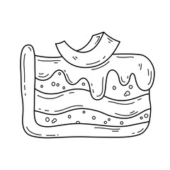 Pie slice doodle illustration. Hand drawn outline pumpkin pie. Isolated editable stroke element