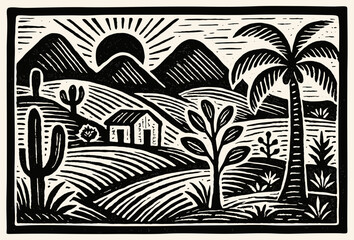 Landscape with cacti, palm, tree, mountains, house and sun. Brazilian northeast cordel vector illustration. Woodcut style. Black and white