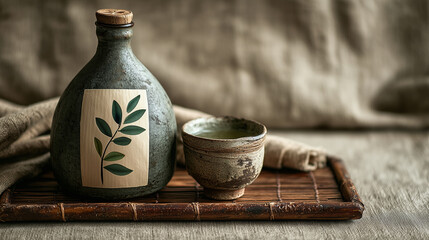 Unique ceramic bottle with leaf design and rustic cup on a wooden tray showcasing simple elegance in natural light