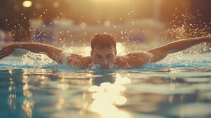 A man is swimming in a pool and splashing water