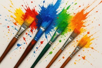 Obraz premium Artist's paintbrushes with vibrant acrylic colors creating abstract splashes on canvas