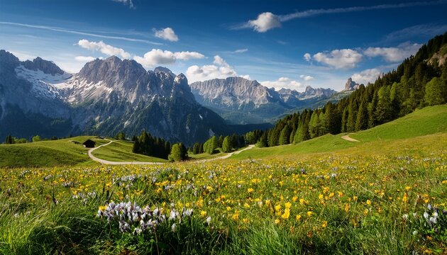 idyllic mountain scenery in the alps with blooming meadows in springtime
