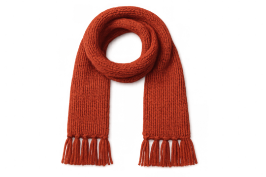 Soft orange knitted scarf hanging loosely, providing cozy warmth against chilly winter temperatures