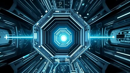 Futuristic tunnel with glowing lines and hexagonal panels - Powered by Adobe