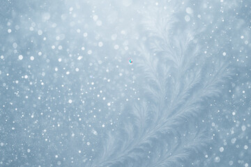 A soft blue background with delicate snowflakes and frost patterns. The scene evokes a serene winter atmosphere.