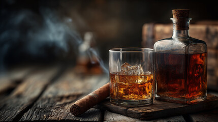 Whiskey in a glass with a cigar on a rustic wooden table, showcasing a cozy atmosphere in evening light