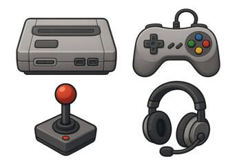 Retro gaming console and accessories vector illustration for gamer and arcade game enthusiasts design on transparent background