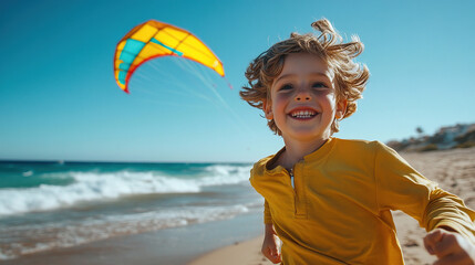 A young boy is running on the beach with a kite in the sky