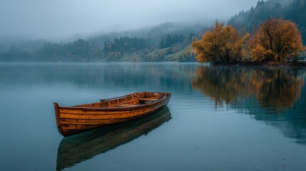 Serene Autumn Lake Landscape with Wooden Rowboat Peaceful Misty Morning Scenery Tranquil Nature Photography Beautiful Calm Water Reflections Picturesque View Breathtaking Scenery  
