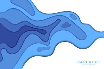 Horizontal wallpaper with blue wave paper cut. with blue pastel colors.