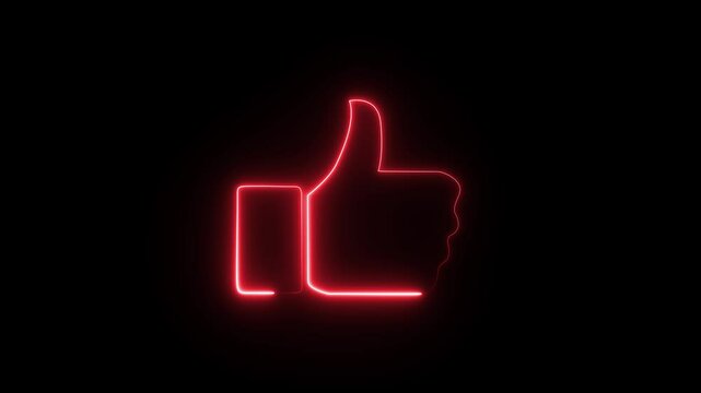 Red color thump up icon animation. Glowing neon thumb up like icon video on black background. animated like button.