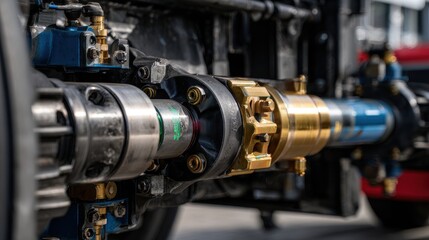 Fototapeta premium Stunning photo of detailed close-up of a semi-truck axle, showcasing its intricate pneumatic system in a mechanical workshop.