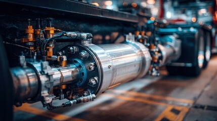 Fototapeta premium Stunning photo of detailed close-up of a semi-truck axle, showcasing its intricate pneumatic system in a mechanical workshop.