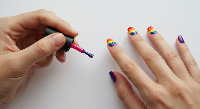 Hands painting nails with pride colors, creative expression, realistic photo on white background